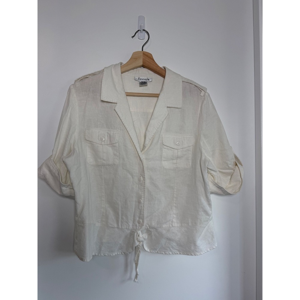 David N Womens White Linen Blend Safari Button Down‎ Shirt Roll Tab Sleeve Large